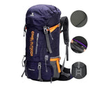 mochila cargueira impermeável azul 65L com capa de chuva